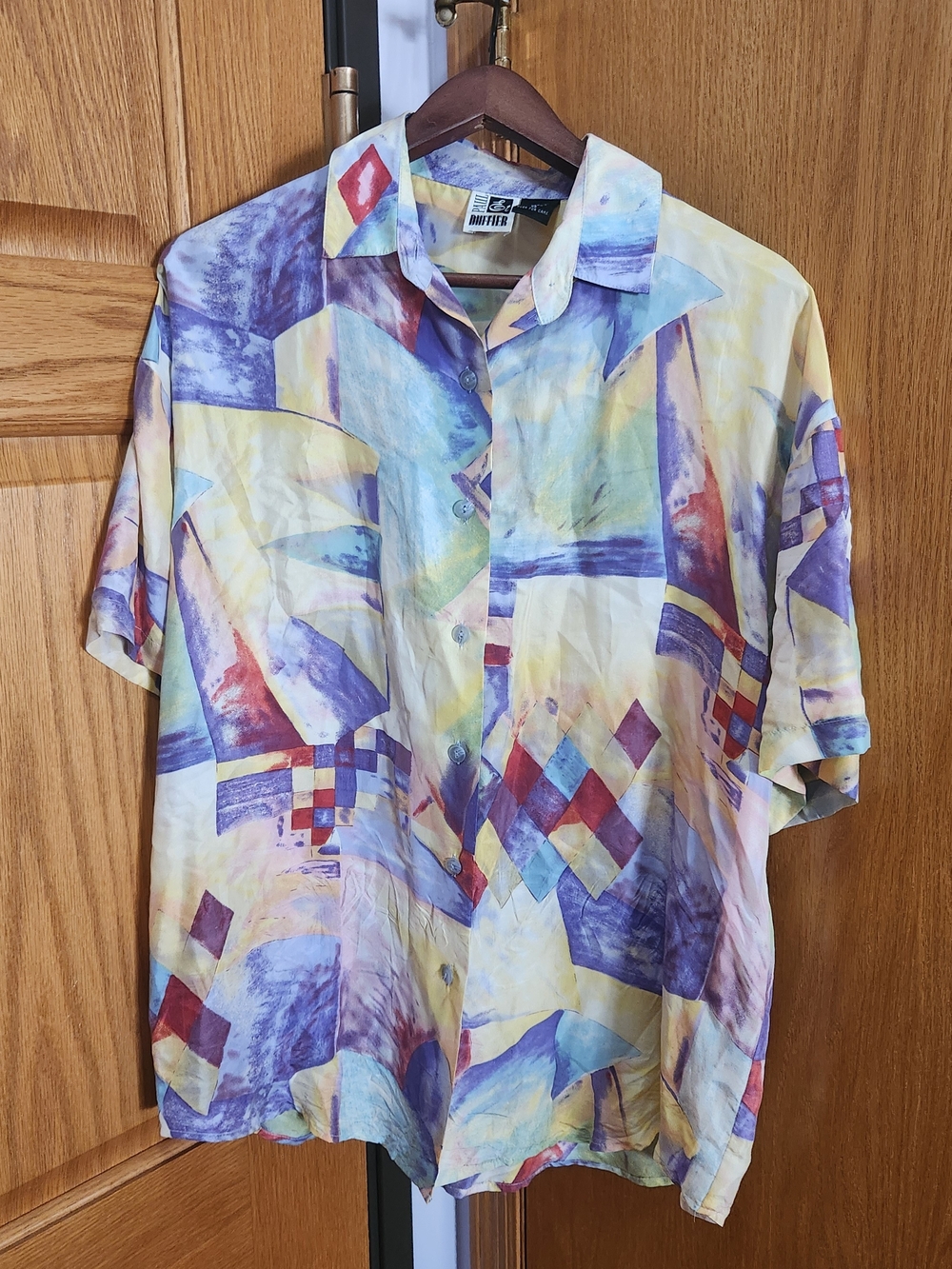 Vintage-Inspired Multicolor Short-Sleeve Silk Shirt